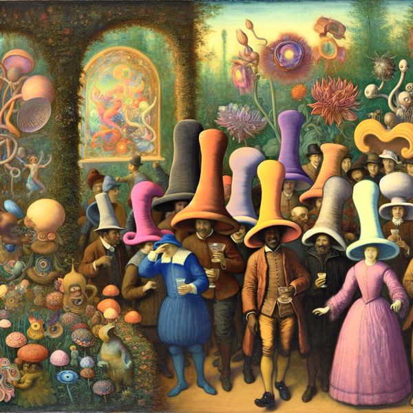 Surrealistisch Tuinfeest met Bommel Hoeden Fantastisch tuinfeest met diverse mensen in grote, kleurrijke bommels (hoeden) omringd door surrealistische wezens, geïnspireerd door de stijl van Hieronymus Bosch.