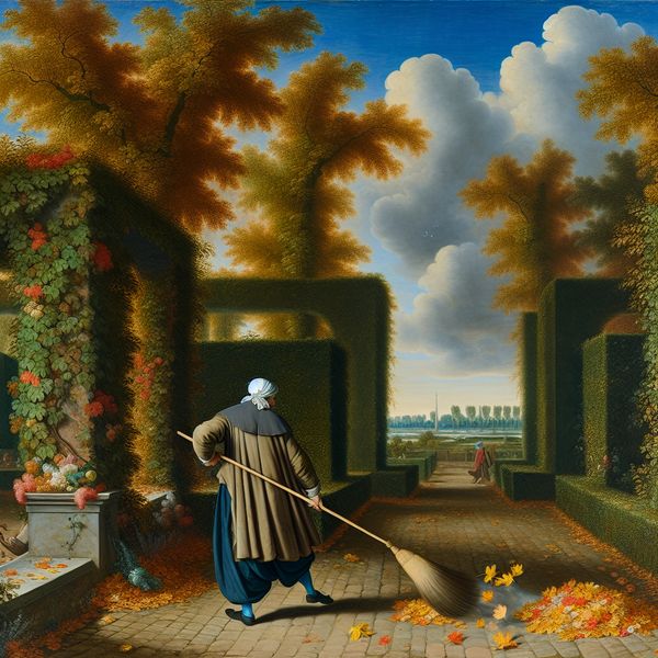 Een tuinier veegt herfstbladeren van een pad in een schilderachtige tuin.