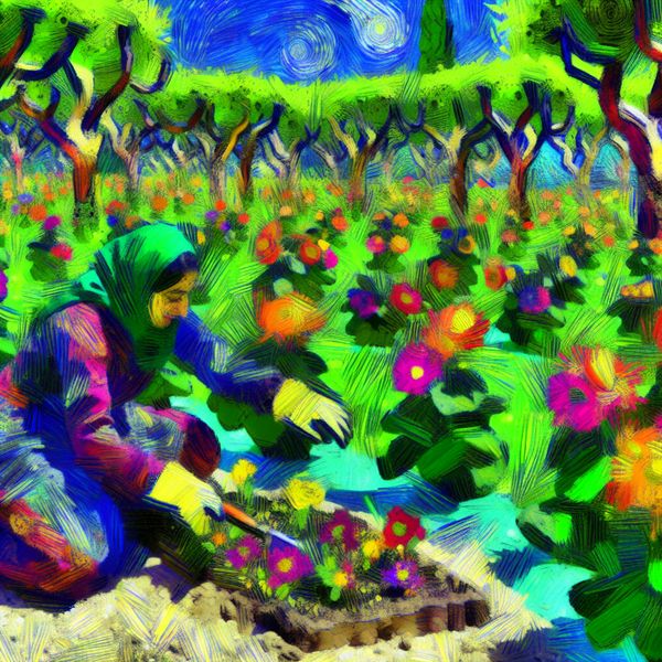 Vibrante abstracte tuin met bloeiende bloemen en een gelukkig tuinier Een persoon die knielt in de aarde van een levende tuin vol kleurrijke bloemen, met een blije uitdrukking op zijn gezicht terwijl hij planten verzorgt.