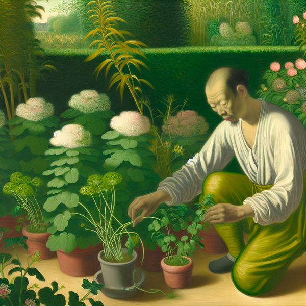 Tuinieren zonder Doel - Een Ontspannen Moment in de Natuur Een middelbare man die in zijn tuin werkt, omringd door weelderige planten en bloemen, met een kalme en serene uitstraling.