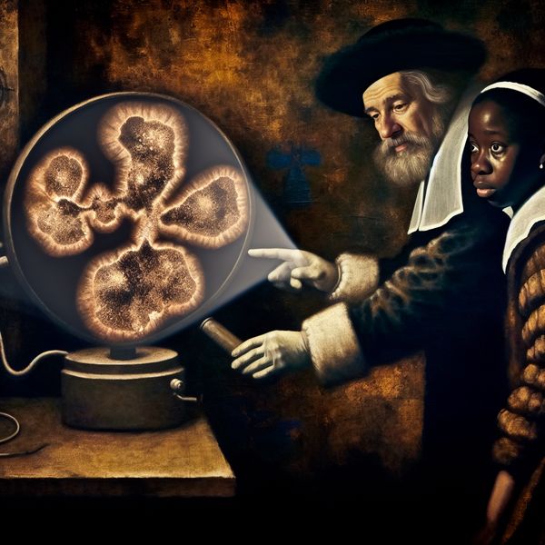 Tumordiagnose door arts in historische medische setting - Rembrandt schilderij 17e-eeuwse arts onderzoekt patiënt met een tumor in een dramatisch verlichte medische kamer in Rembrandt-stijl