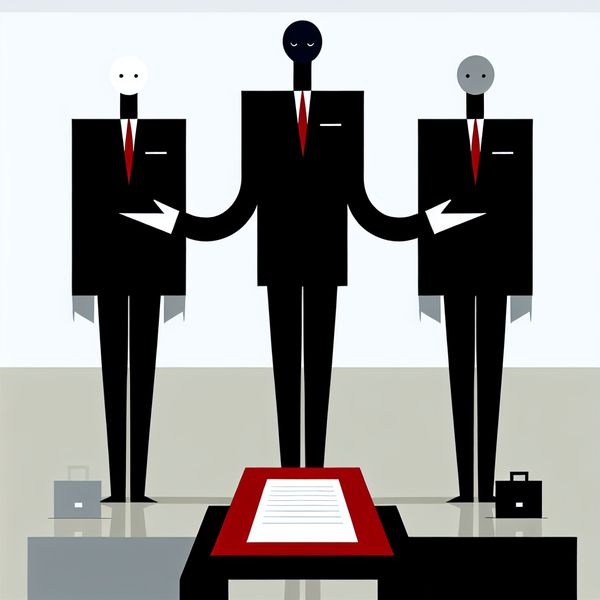 Minimalistische illustratie van een geheim agent als tussenpersoon die onderhandelt tussen twee partijen met een contract op tafel