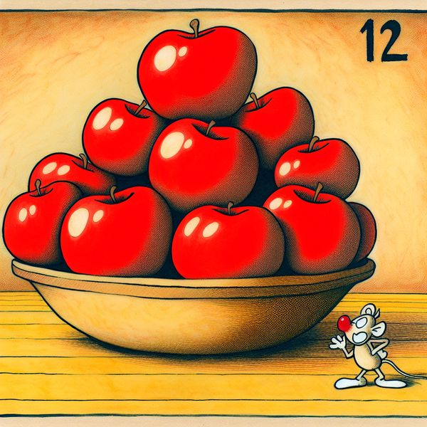 Grappige cartoon van een grote fruitschaal met precies twaalf glanzende rode appels, waarbij een nieuwsgierig muisje de appels telt