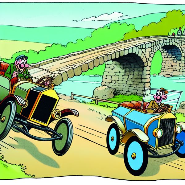 Twee expressieve cartoonauto's passeren elkaar op een smalle stenen brug omringd door groen, in de stijl van Marten Toonder