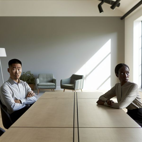 Twee Collega's in Spanning tijdens een Bespreking Twee collega's zitten tegenover elkaar aan een grote vergadertafel in een moderne kantooromgeving, met een gespannen sfeer en zichtbaar ongemak.