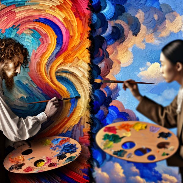 Twee manieren van creatief werken in de stijl van Van Gogh Een split scène met een persoon die links abstract schildert met levendige penseelstreken en rechts gedetailleerd schetst, beide in de stijl van Van Gogh.