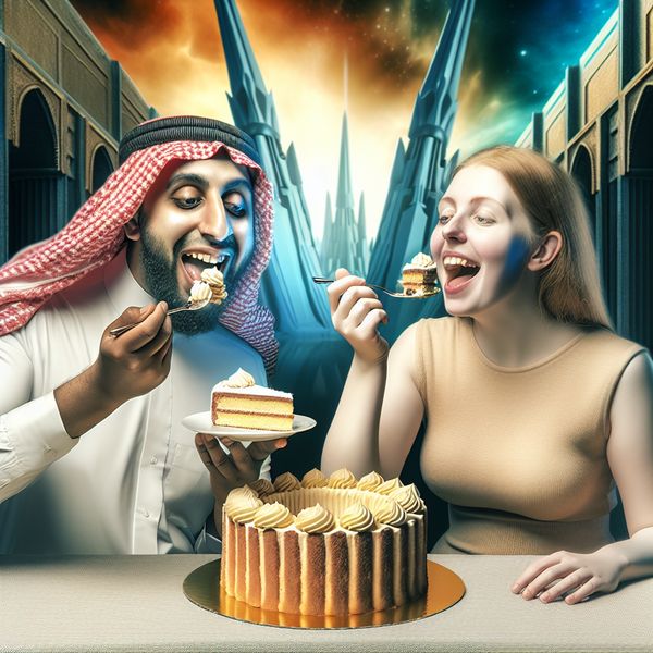 Twee Mensen Genieten Van Taart in Surrealistische Setting Twee mensen proeven samen een heerlijke taart in een hyperrealistisch tafereel met surrealistische elementen