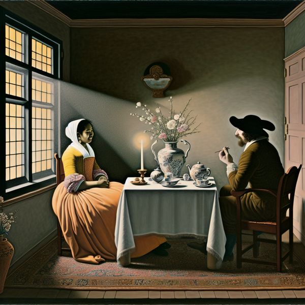 Twee mensen in gesprek in een elegant ingericht interieur Twee mensen zitten aan een elegante tafel in een sfeervol interieur, met bloemen en porseleinen servies, en hebben een ontspannen gesprek.