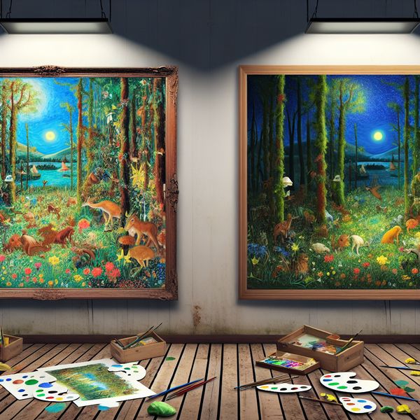 Twee schilderijen met verschillende stijlen in een kunststudio Twee schilderijen in een vintage kunststudio, met een levendig landschap en een stille nachtelijke bos scène.