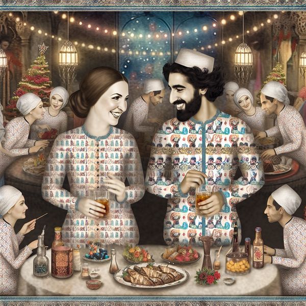 Twee vrienden in identieke shirts met speelse patronen op een feestelijke bijeenkomst, omringd door een kleurrijke vintage-sfeer.