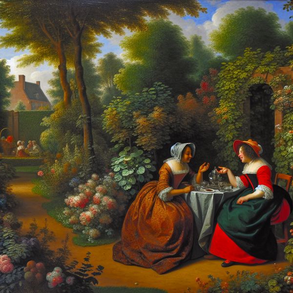 Twee vrouwen in een serene tuin praten over geruchten Twee vrouwen in een tuin zitten aan een tafeltje en praten animated over geruchten, omringd door weelderig groen en kleurrijke bloemen.