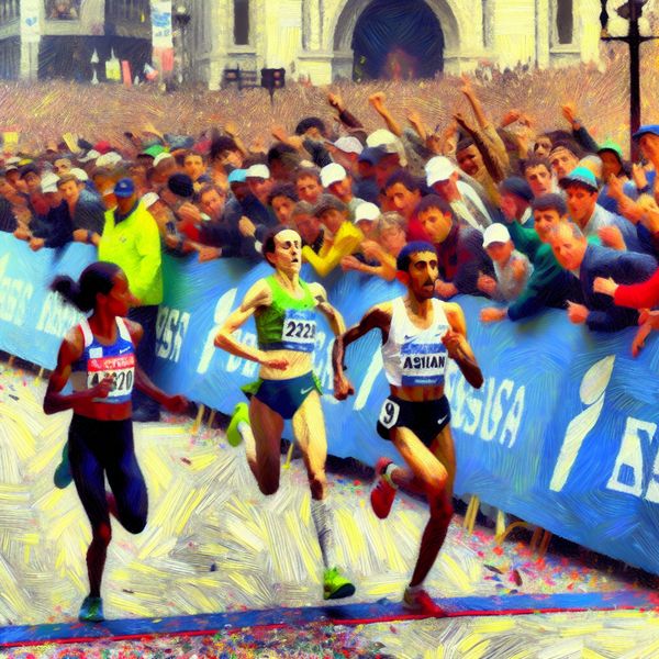 Een vrouwelijke hardloopster eindigt als tweede bij de marathon, in de stijl van Vincent van Gogh, omringd door juichende toeschouwers