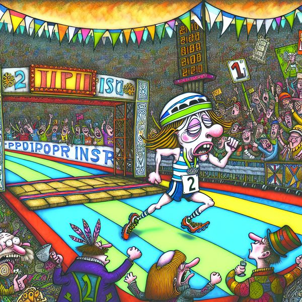 Vrolijke cartoonfinish van een marathon met een trotse vrouwelijke hardloopster die als tweede finisht met een zilveren medaille om haar nek
