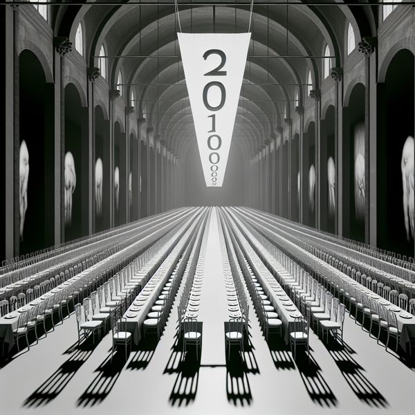 Surrealistisch schilderij van een grote eetzaal met 200 lege stoelen en een spandoek met het getal 200, ter illustratie van het hoofdtelwoord tweehonderd
