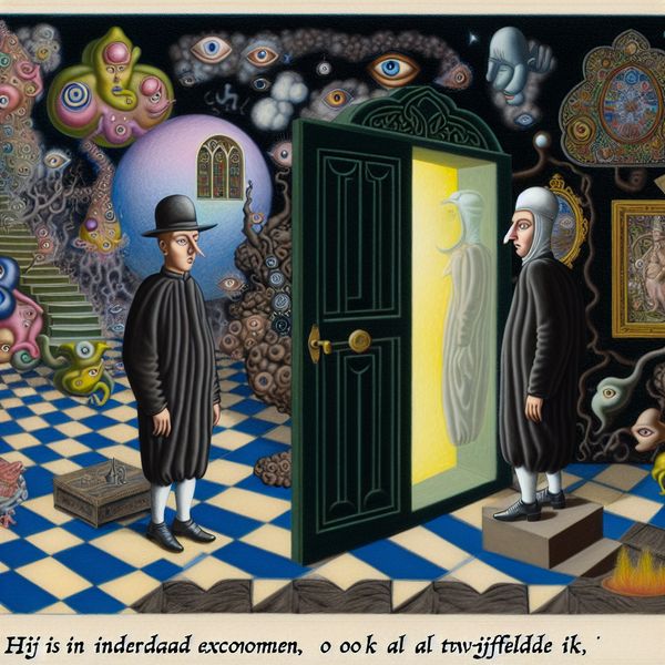 Overgang van twijfel naar werkelijkheid in surrealistische stijl Surrealistisch tafereel van twijfel die overgaat in werkelijkheid, geïnspireerd op Hieronymus Bosch, met symbolische figuren en een poort naar waarheid