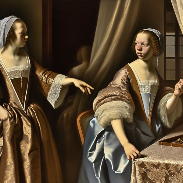 Twijfel uitdrukken in alledaagse situatie - Nederlandse taal leren Twee elegante figuren in een 17e-eeuws Hollands interieur, waarbij de een twijfelend naar een lege plek op tafel wijst waar sleutels zouden kunnen liggen