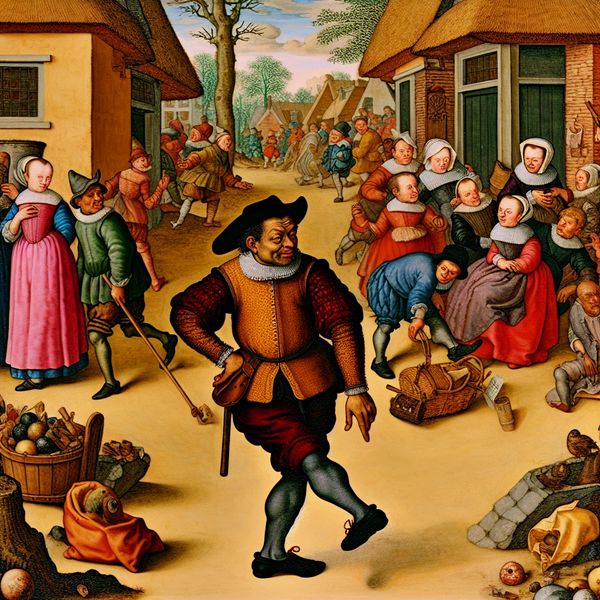 Twijfelen en van gedachten veranderen: historische dorpsscène met aarzeling 17e-eeuwse Nederlandse dorpsscène in de stijl van Jan Steen, waarin een persoon aarzelt bij een kruispunt met een half ingepakte tas en een onafgemaakte brief, twijfelend over een beslissing