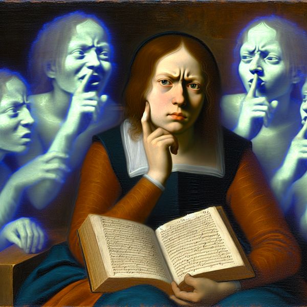 Persoon met bedenkelijke uitdrukking omgeven door fluisterende figuren van twijfel