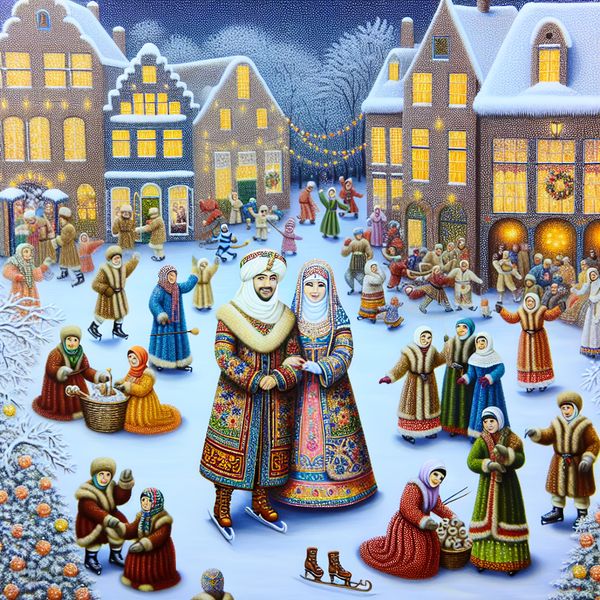 Twintigste huwelijksverjaardag in een kleurrijke winteromgeving Een kleurrijke winter scène met een stel dat hun twintigste huwelijksjubileum viert, omringd door vrienden en familie die plezier maken in de sneeuw.
