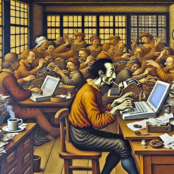 Drukken op toetsen van een toetsenbord tijdens het werken op een laptop in een levendig kantoor, geschilderd in de warme stijl van Jan Steen