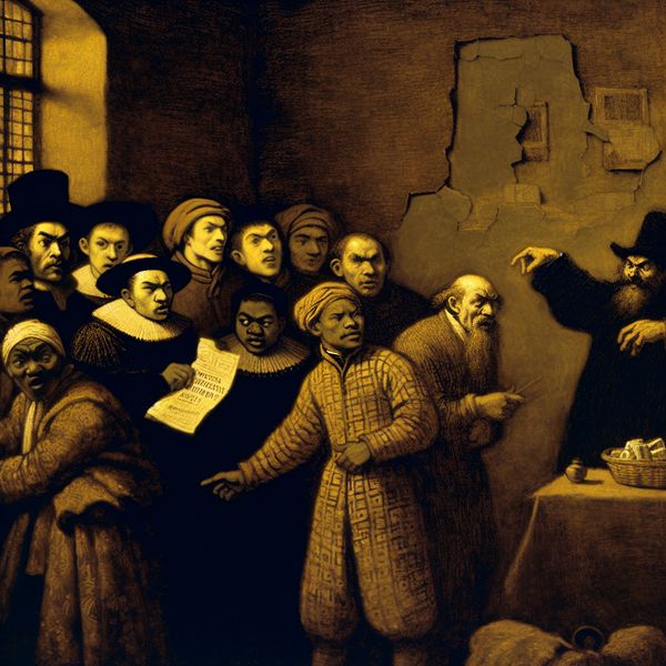 Uitbuiting door Hebzuchtige Huisbaas in Rembrandt Stijl Een groep gefrustreerde studenten in een slecht onderhouden kamer met een hebzuchtige huisbaas die een contract en geldzak vasthoudt.