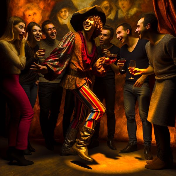 Uitbundig feestgedrag: Een zelfverzekerde persoon in het middelpunt Een flambante persoon die uitbundig lacht en zich vol vertrouwen gedraagt op een feest, omringd door vrienden met diverse uitdrukkingen.