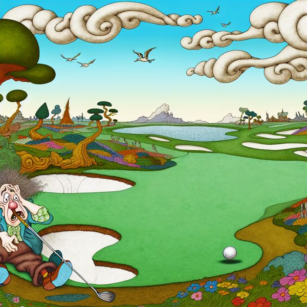 Uitdagende par-5 hole op een golfbaan in cartoonstijl Een cartoonachtige afbeelding van een golfer op een uitdagende par-5 hole, omgeven door groene grass en kleurrijke bloemen.