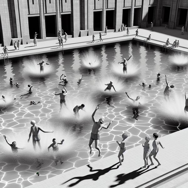 Hyperrealistisch surrealistisch tafereel van uitgelaten kinderen die vrolijk spetteren in een zwembad, met glinsterend water en monumentale architectuur op de achtergrond