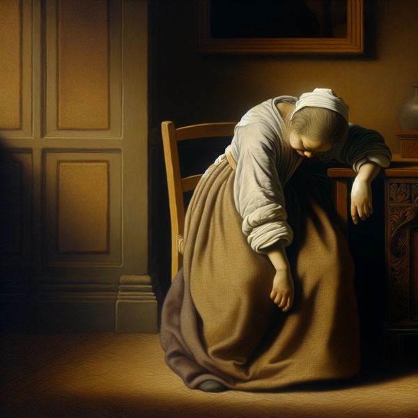 Uitgeput gevoel: schilderij van vermoeidheid in 17e-eeuwse Nederlandse stijl Uitgeput persoon in 17e-eeuws Nederlands interieur, schilderij in stijl van Gerard ter Borch met gedetailleerde texturen en zachte belichting