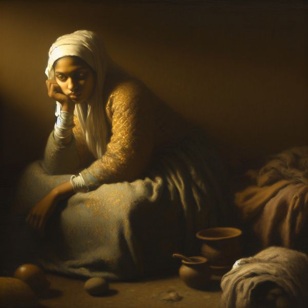 Uitgeputte vrouw in Vermeer-stijl schilderij: emotie van extreme vermoeidheid Jonge vrouw zit uitgeput in een rustige kamer met zacht licht, hoofd rustend op haar hand, uitdrukking van diepe vermoeidheid
