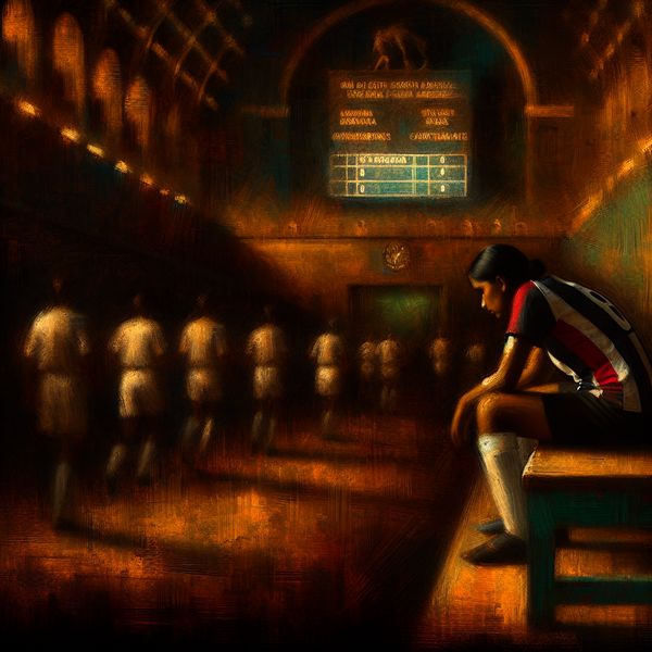 Voetballer uitgeschakeld na selectieronde - dramatische Rembrandt-stijl illustratie Een teleurgestelde voetballer zit alleen op een bank in een schemerig stadion na uitsluiting uit de wedstrijd, met zijn naam doorgestreept op het scorebord