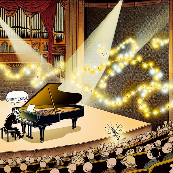 Cartoonconcertzaal met een virtuoze pianist die gloeiende muzieknoten speelt, publiek vol bewondering, een muis met een bordje 'Uitmuntend!'