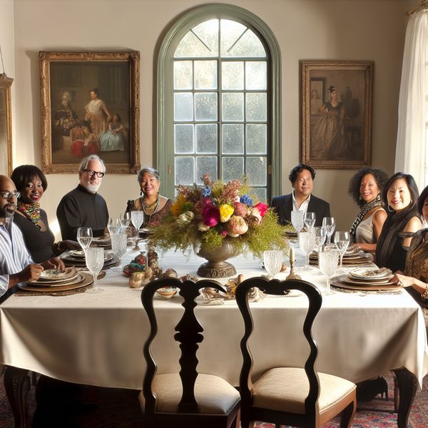 Warm en uitnodigend dineren met een diverse groep Een diverse groep mensen verzameld rond een elegant gedekte tafel in een warme eetkamer.