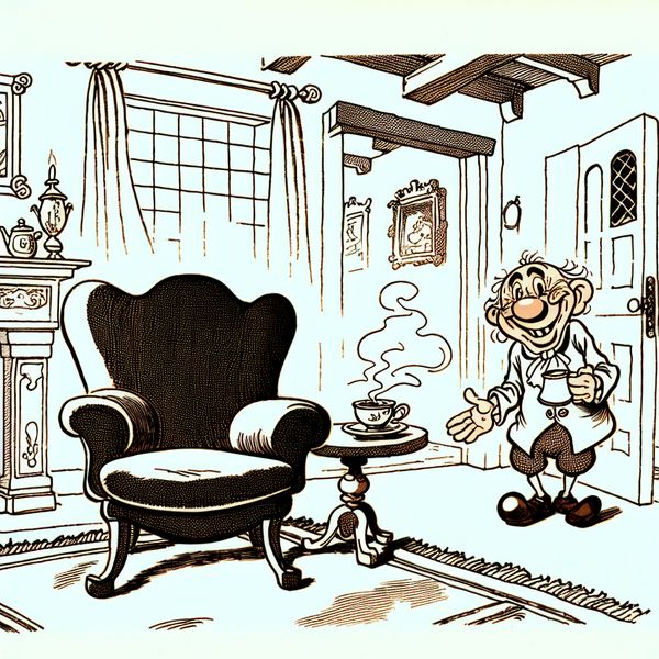 Cartoonachtig sfeervolle woonkamer met uitnodigende fauteuil in de stijl van Marten Toonder