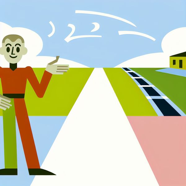 Minimalistische illustratie van een persoon die iemand uitnodigt om hierheen te komen, met een pad, trein en auto op de achtergrond