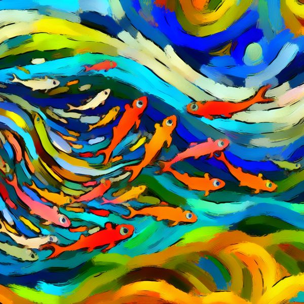 Opgebrand middelen in de oceaan: Visbestanden en overbevissing Abstracte afbeelding die de uitputting van visbestanden illustreert met chaotische dansende vissen in een kleurrijke oceaan.