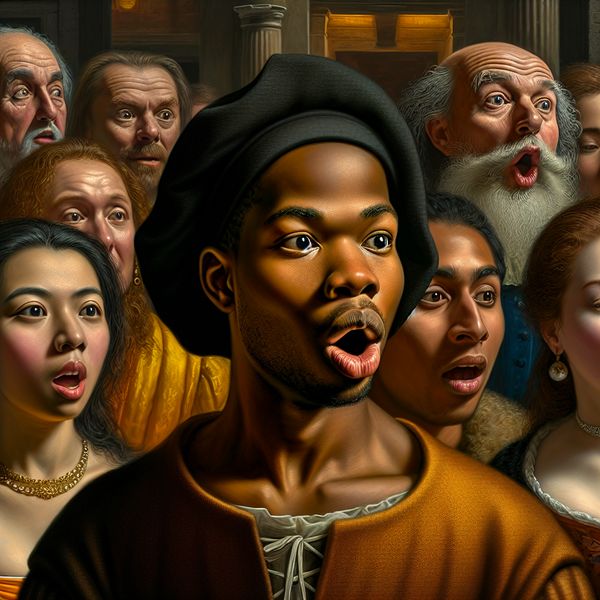 Groep mensen in een grote zaal met verbaasde gezichten, één persoon maakt een zachte 'ah'-uitroep van verwondering in de stijl van Frans Hals