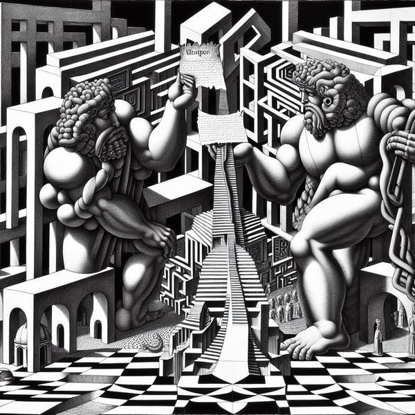 Uitroepen van oorlog - Surrealistische Escher-achtige voorstelling met symboliek Surrealistische voorstelling van twee abstracte figuren die oorlog uitroepen op een geometrisch schaakbordlandschap in de stijl van M.C. Escher, met oneindige trappen en optische illusies