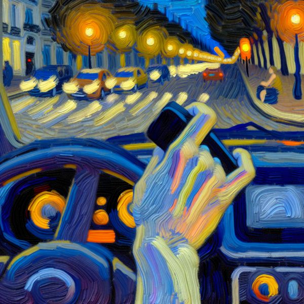 Uitschakelen van auto motor in Van Gogh-stijl - Taal leren Nederlands Hand die een autosleutel omdraait om de motor uit te schakelen bij een stoplicht, geschilderd in Van Gogh-stijl met dikke penseelstreken en levendige kleuren