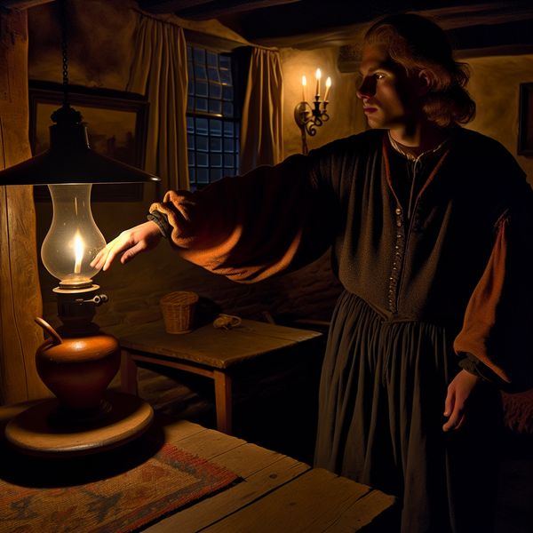 17e-eeuwse Nederlandse persoon die een olielamp uitschakelt in een sfeervol verlichte kamer, Rembrandt-stijl