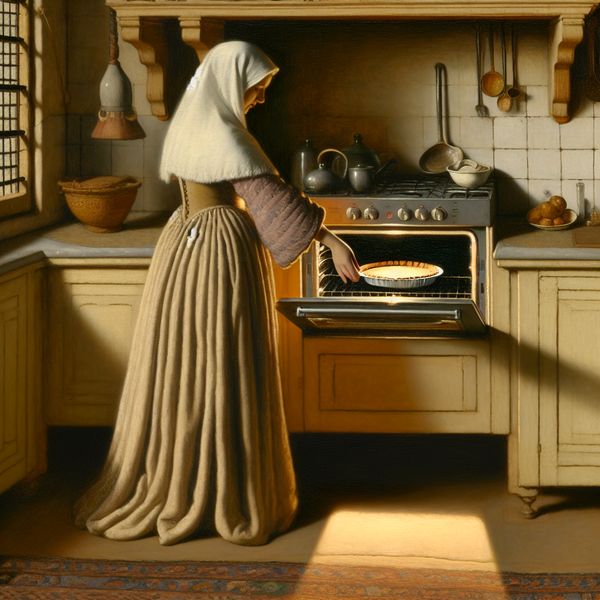 Uitschakelen van oven na het bakken - Taal leren Nederlands Persoon schakelt de oven uit na het bakken van een taart in een elegante keuken, ter illustratie van het woord 'uitschakelen'