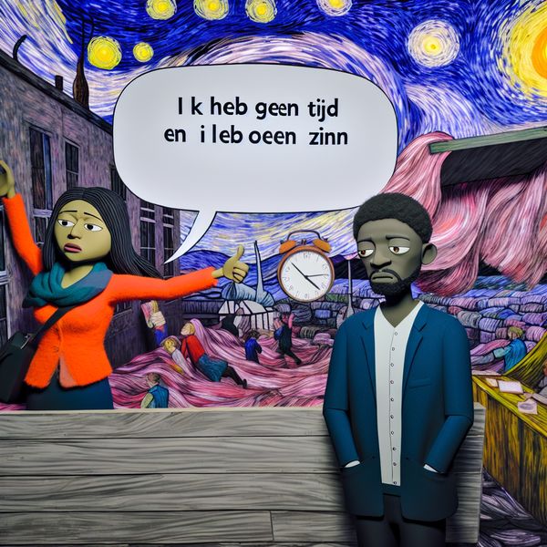 Uitsluiting in conversatie: Een kleurrijke weergave van twee mensen Twee mensen in een kleurrijke, dynamische omgeving, één persoon zegt 'Ik heb geen tijd' terwijl hij naar een drukke kalender wijst, de ander zegt 'en ik heb ook geen zin', met een gesloten armen gebaar.