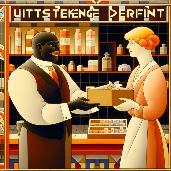Uitstekende service in retro-winkel: klantvriendelijkheid en professionele dienstverlening Retro-futuristische illustratie van een vriendelijke winkelier die een klant helpt met een netjes ingepakt pakket, met op de achtergrond een bord met 'Uitstekende Dienst'
