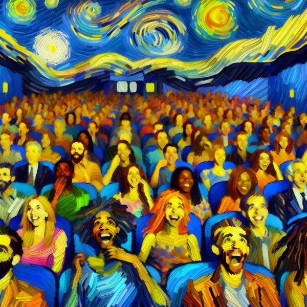 Vrolijke bioscoopervaring in Van Gogh-stijl met enthousiaste publiek dat geniet van een uitstekende film