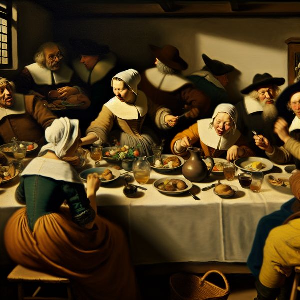 Uitstellen betekenis: wachten op laatkomer in historische Nederlandse setting 17e-eeuwse Nederlandse scène met groep mensen die wachten aan een gedekte tafel, uitstellend voor een laatkomer in de stijl van Frans Hals