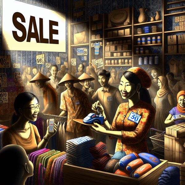Een drukke winkel tijdens een uitverkoop met klanten die producten bekijken en een blije winkelier die hen helpt.