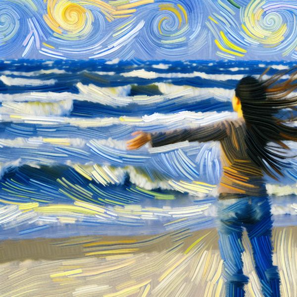 Uitwaaien aan Zee in Van Gogh-Stijl Vrouw met lange haren op een zandstrand met uitgestrekte armen naar zee, in Van Gogh-stijl