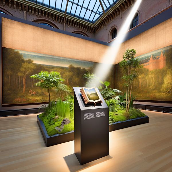 Uitzonderlijk boek in kunsttentoonstelling Een indrukwekkende tentoonstellingshal met een enkel boek dat onder een spotlight staat.