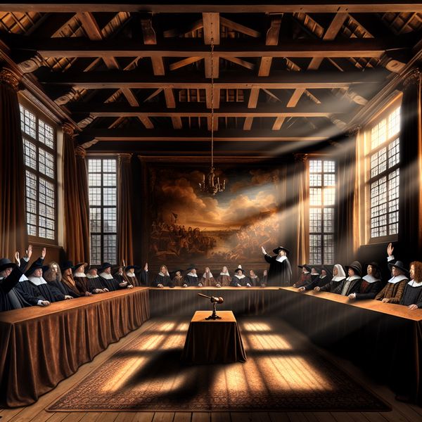 17e-eeuws Nederlands stadhuis interieur met raadsleden die unaniem hun hand opsteken voor een besluit, symbolische hamer op tafel