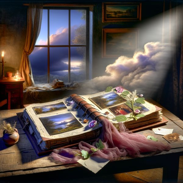 Uniek handgemaakt fotoalbum met familieherinneringen en persoonlijke details Handgemaakt fotoalbum met persoonlijke herinneringen op een rustieke houten tafel, omgeven door warme huiselijke sfeer en dramatische lucht